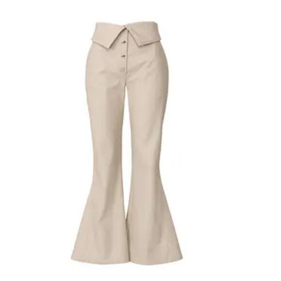 Sara Battaglia High Waist Faux Leather Pants Cream Wide Leg IT Size 42 - Picture 4 of 16